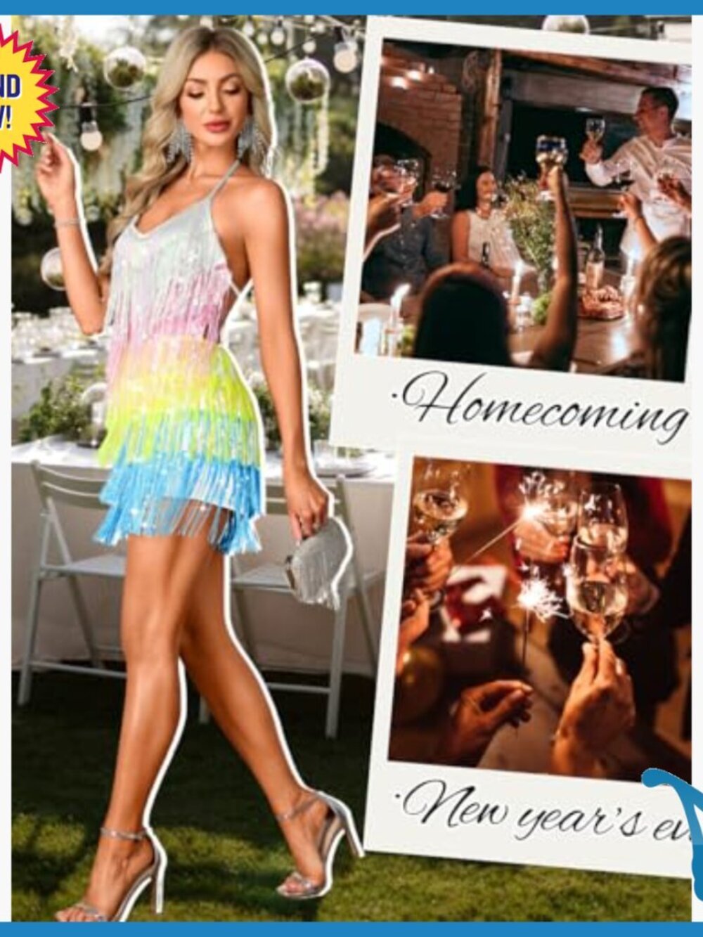 Sequin Fringe Romper, Open Back Halter Jumpsuit for Rave Festival - Picture 6 of 7